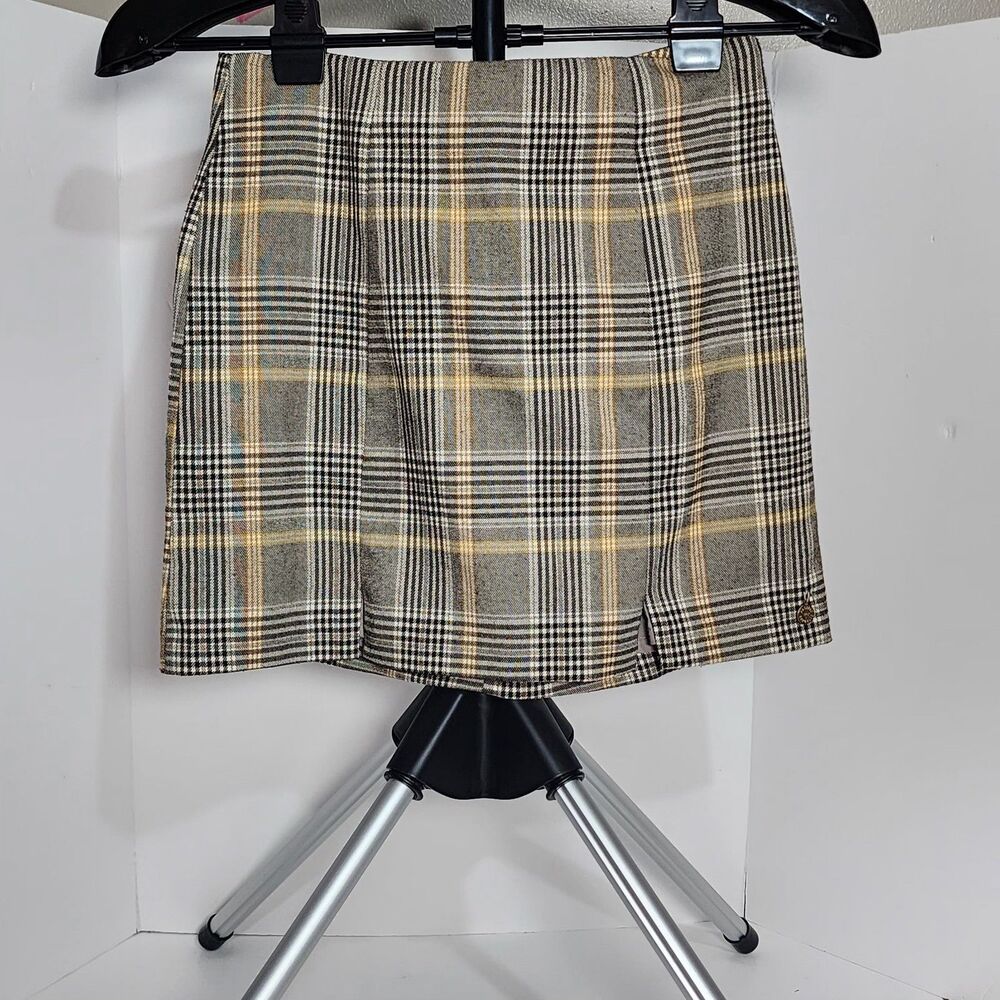 Pull & Bear Plaid Checkered Mini Skirt Gray Mustard Yellow Y2K Schoolgirl Small